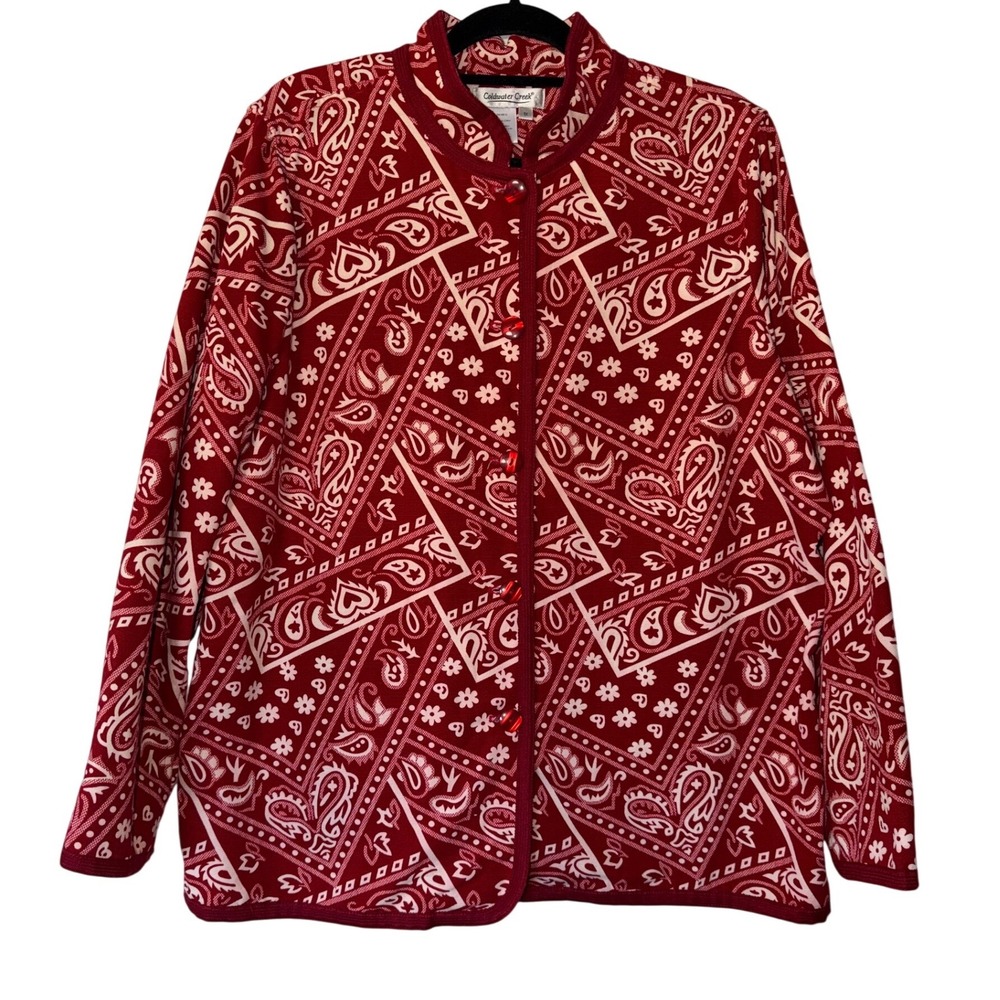 Coldwater Creek‎ Red Paisley Cotton Knit Button Front Jacket Mock Neck 1X
